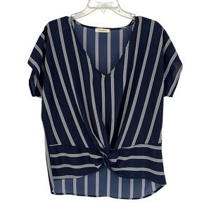 Promesa Blouse Navy White Stripe Twist Front V Neck High Low Short Sleeve Size L